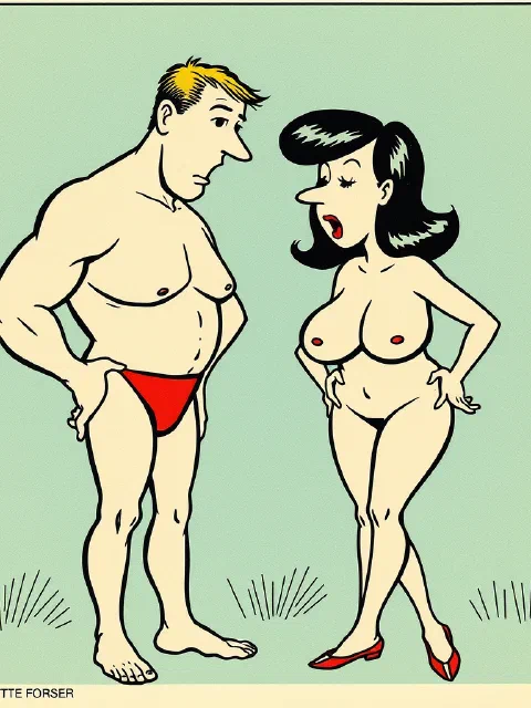 Cartoon: two figures in conversation, one still partly dressed.