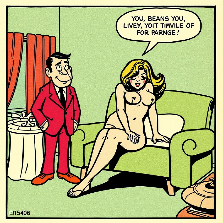 Cartoon: a man in a suit standing beside a woman on a chair.