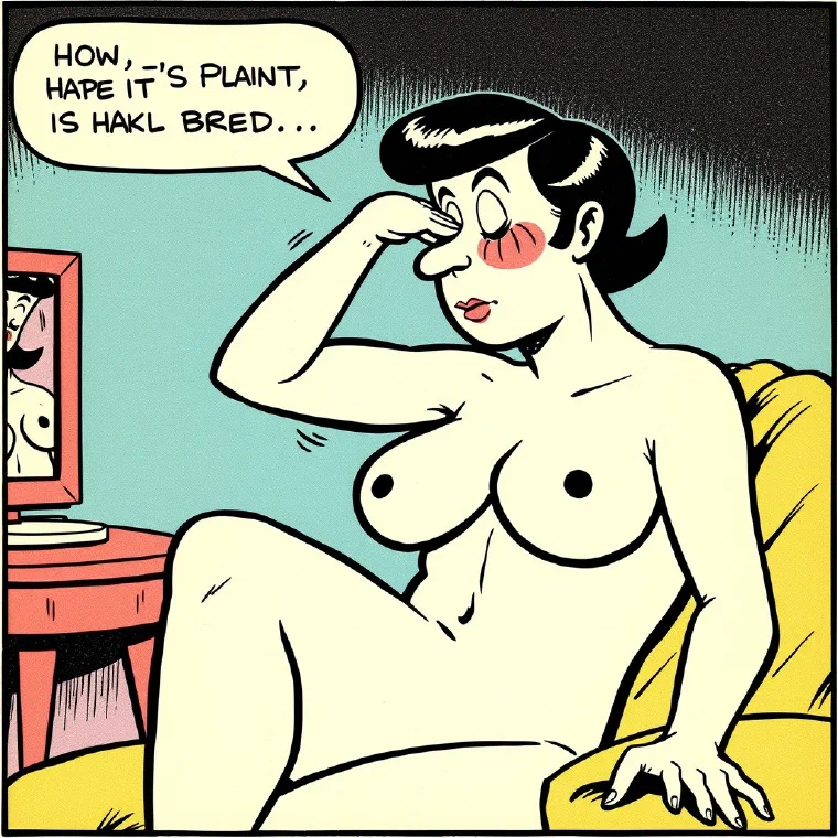 Cartoon: a woman on a sofa beside a mirror.