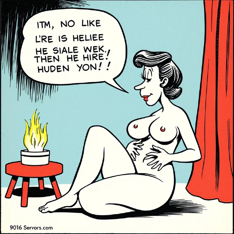 Cartoon: a woman seated on the floor beside a lit brazier.