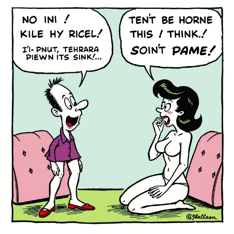 Cartoon: a startled man and a kneeling woman.